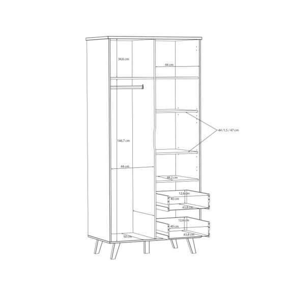 Garderobeskap VANKKA 100x202 cm - 2 dører - 2 skuffer - eik bianco - hvit matt