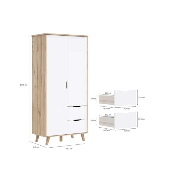 Garderobeskap VANKKA 100x202 cm - 2 dører - 2 skuffer - eik bianco - hvit matt