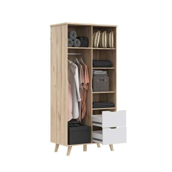 Garderobeskap VANKKA 100x202 cm - 2 dører - 2 skuffer - eik bianco - hvit matt