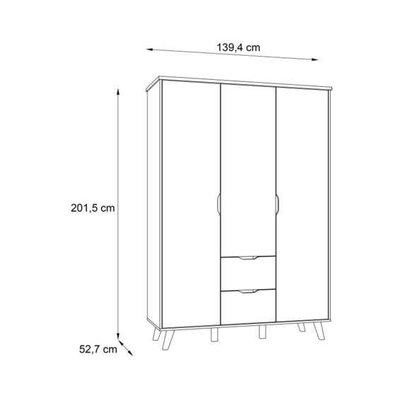 Garderobeskap VANKKA 140x202 cm - 3 dører - 2 skuffer - eik bianco - hvit matt