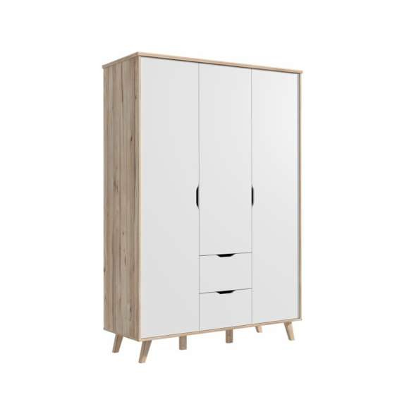 Garderobeskap VANKKA 140x202 cm - 3 dører - 2 skuffer - eik bianco - hvit matt