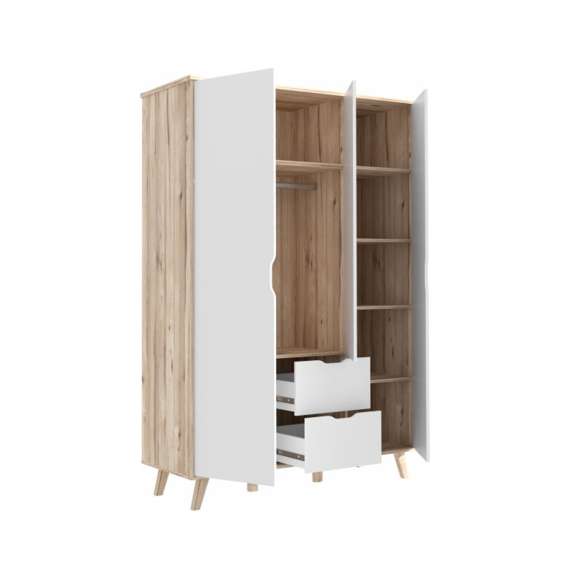 Garderobeskap VANKKA 140x202 cm - 3 dører - 2 skuffer - eik bianco - hvit matt