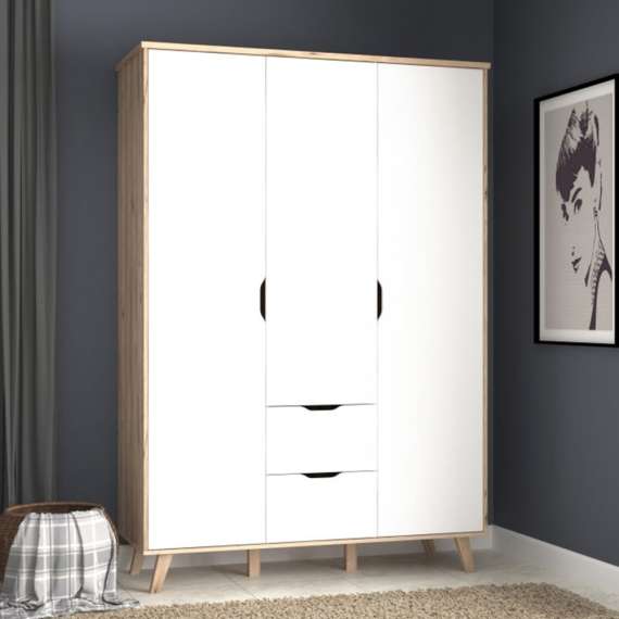 Garderobeskap VANKKA 140x202 cm - 3 dører - 2 skuffer - eik bianco - hvit matt