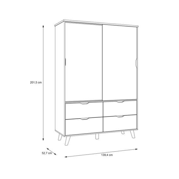 Garderobeskap VANKKA 140x202 cm - 2 skyvedører - 4 skuffer - eik bianco - hvit matt