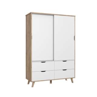 Garderobeskap VANKKA 140x202 cm - 2 skyvedører - 4 skuffer - eik bianco - hvit matt