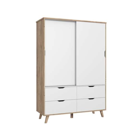 Garderobeskap VANKKA 140x202 cm - 2 skyvedører - 4 skuffer - eik bianco - hvit matt