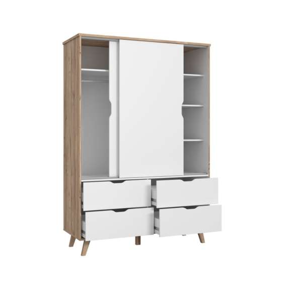 Garderobeskap VANKKA 140x202 cm - 2 skyvedører - 4 skuffer - eik bianco - hvit matt