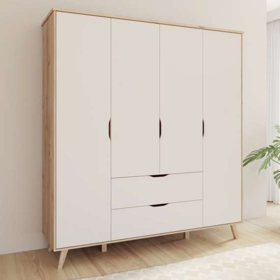 Garderobeskap VANKKA 180x202 cm - 4 dører - 2 skuffer - eik bianco - hvit matt