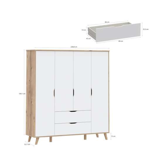 Garderobeskap VANKKA 180x202 cm - 4 dører - 2 skuffer - eik bianco - hvit matt