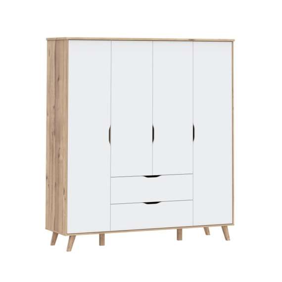 Garderobeskap VANKKA 180x202 cm - 4 dører - 2 skuffer - eik bianco - hvit matt