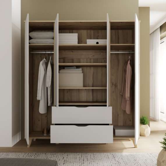 Garderobeskap VANKKA 180x202 cm - 4 dører - 2 skuffer - eik bianco - hvit matt