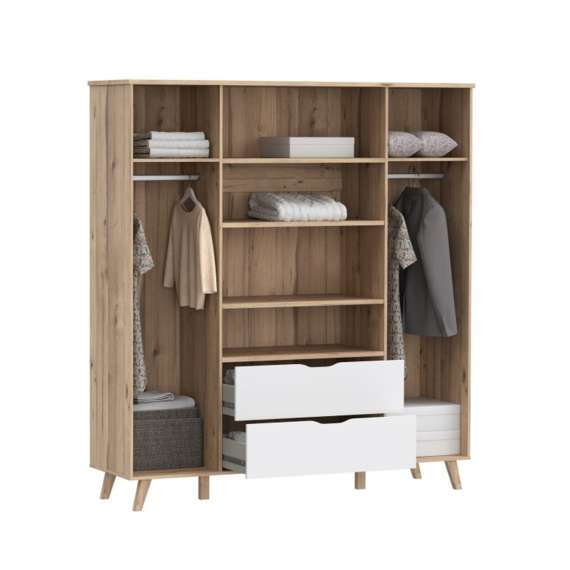 Garderobeskap VANKKA 180x202 cm - 4 dører - 2 skuffer - eik bianco - hvit matt