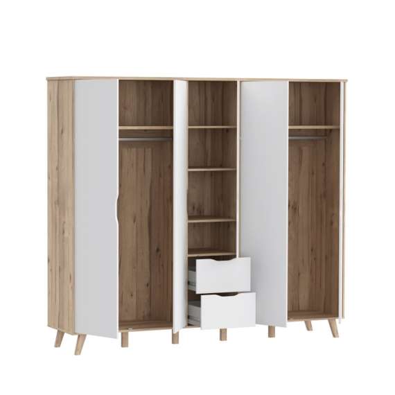 Garderobeskap VANKKA 229x202 cm - 5 dører - 2 skuffer - eik bianco - hvit matt