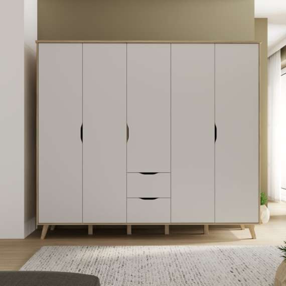 Garderobeskap VANKKA 229x202 cm - 5 dører - 2 skuffer - eik bianco - hvit matt