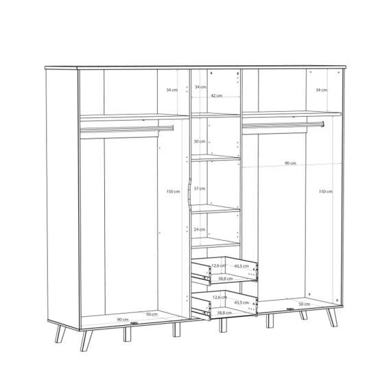 Garderobeskap VANKKA 229x202 cm - 5 dører - 2 skuffer - eik bianco - hvit matt