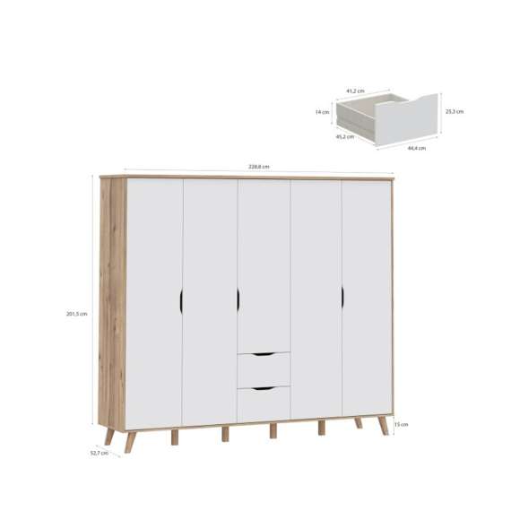 Garderobeskap VANKKA 229x202 cm - 5 dører - 2 skuffer - eik bianco - hvit matt