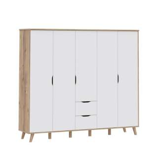Garderobeskap VANKKA 229x202 cm - 5 dører - 2 skuffer - eik bianco - hvit matt