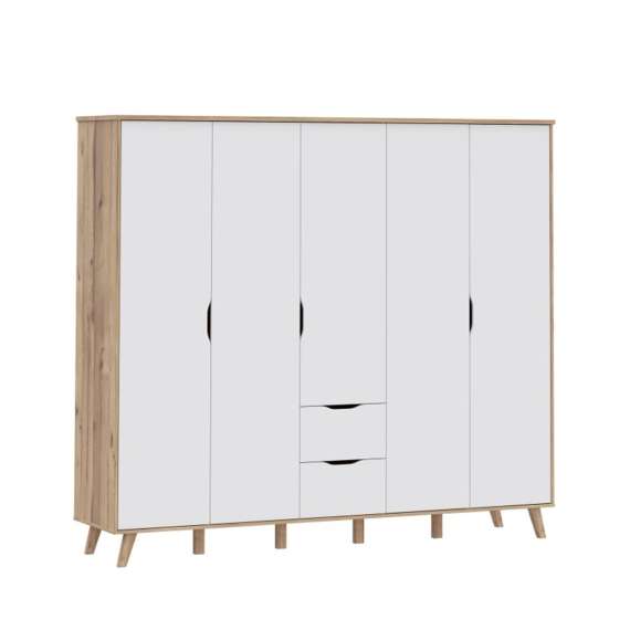 Garderobeskap VANKKA 229x202 cm - 5 dører - 2 skuffer - eik bianco - hvit matt