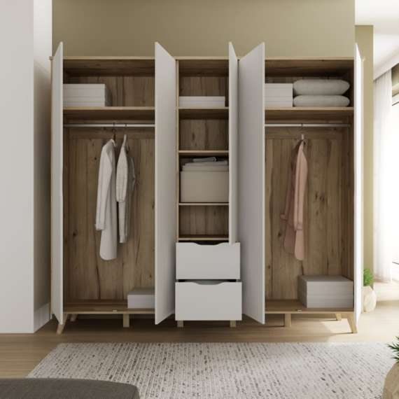 Garderobeskap VANKKA 229x202 cm - 5 dører - 2 skuffer - eik bianco - hvit matt