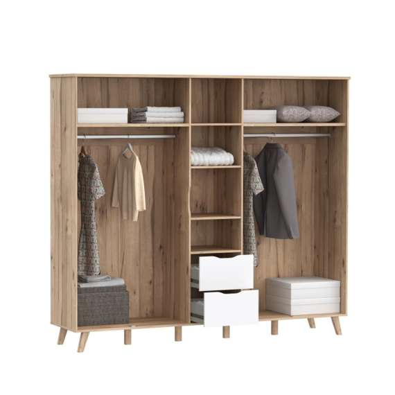 Garderobeskap VANKKA 229x202 cm - 5 dører - 2 skuffer - eik bianco - hvit matt