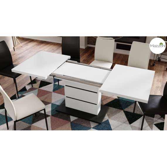 Spisebord PIANO 120-200 cm - hvit matt - svart matt - 2 ileggsplater