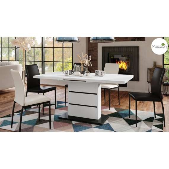 Spisebord PIANO 120-200 cm - hvit matt - svart matt - 2 ileggsplater