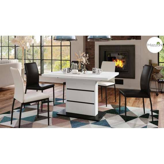 Spisebord PIANO 120-200 cm - hvit matt - svart matt - 2 ileggsplater