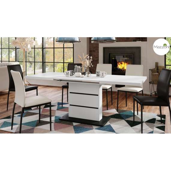 Spisebord PIANO 120-200 cm - hvit matt - svart matt - 2 ileggsplater