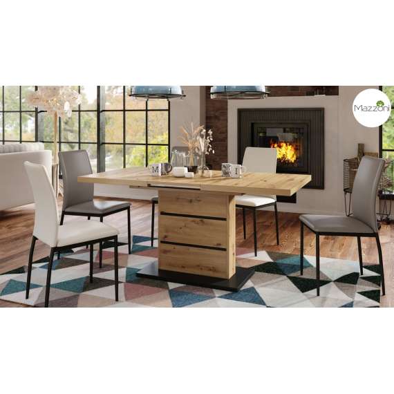 Spisebord PIANO 120-200 cm - eik artisan - svart matt - 2 ileggsplater