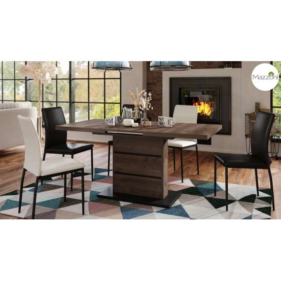 Spisebord PIANO 120-200 cm - eik brun - svart matt - 2 ileggsplater