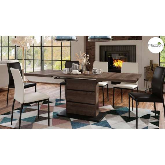 Spisebord PIANO 120-200 cm - eik brun - svart matt - 2 ileggsplater