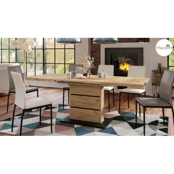 Spisebord PIANO 120-200 cm - eik craft - svart matt - 2 ileggsplater