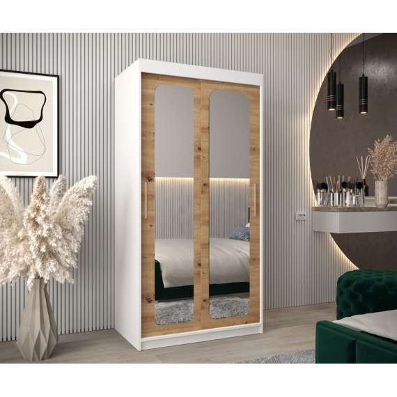 Garderobeskap PROMO T3 100x200 cm - hvit matt - skyvedører - speil