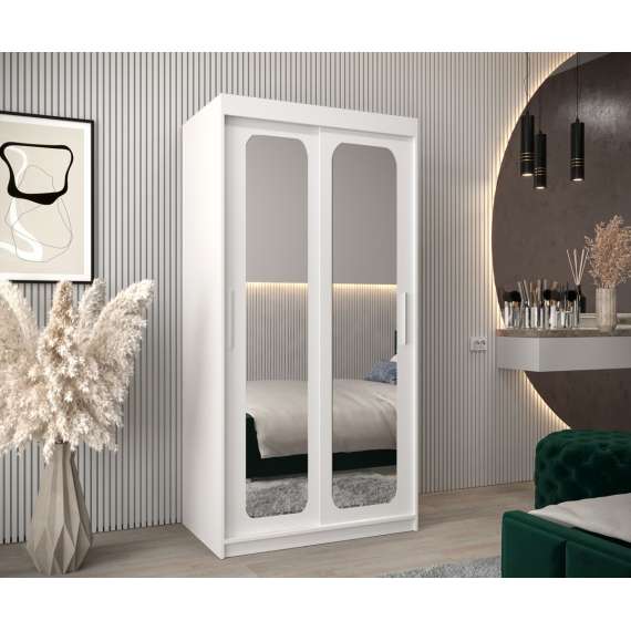 Garderobeskap PROMO T3 100x200 cm - hvit matt - skyvedører - speil