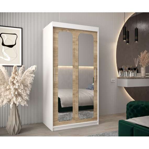 Garderobeskap PROMO T3 100x200 cm - hvit matt - skyvedører - speil