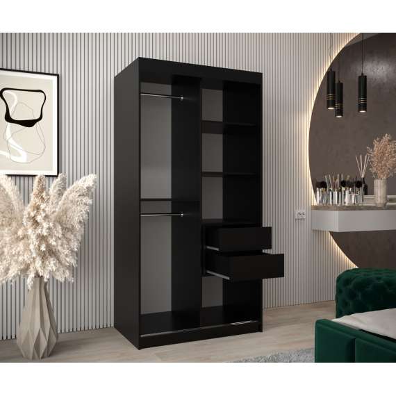 Garderobeskap PROMO T3 100x200 cm - svart matt - skyvedører - speil