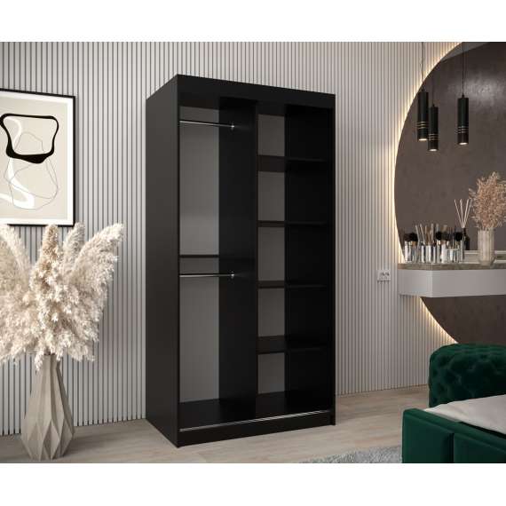 Garderobeskap PROMO T3 100x200 cm - svart matt - skyvedører - speil