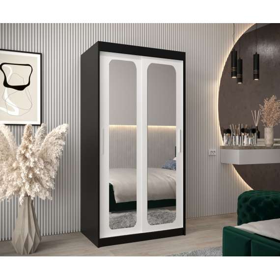 Garderobeskap PROMO T3 100x200 cm - svart matt - skyvedører - speil