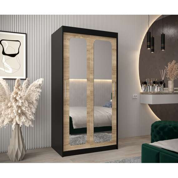 Garderobeskap PROMO T3 100x200 cm - svart matt - skyvedører - speil