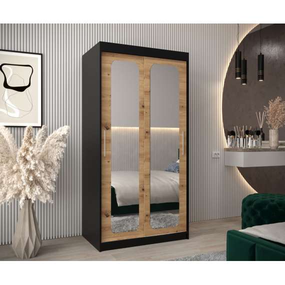 Garderobeskap PROMO T3 100x200 cm - svart matt - skyvedører - speil