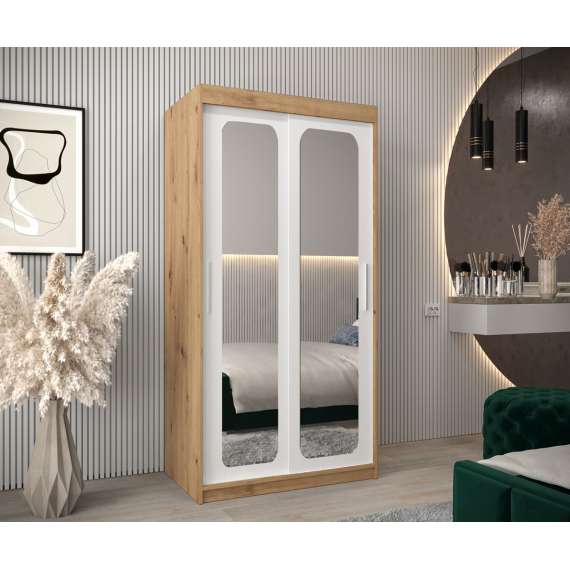 Garderobeskap PROMO T3 100x200 cm - eik artisan - skyvedører - speil