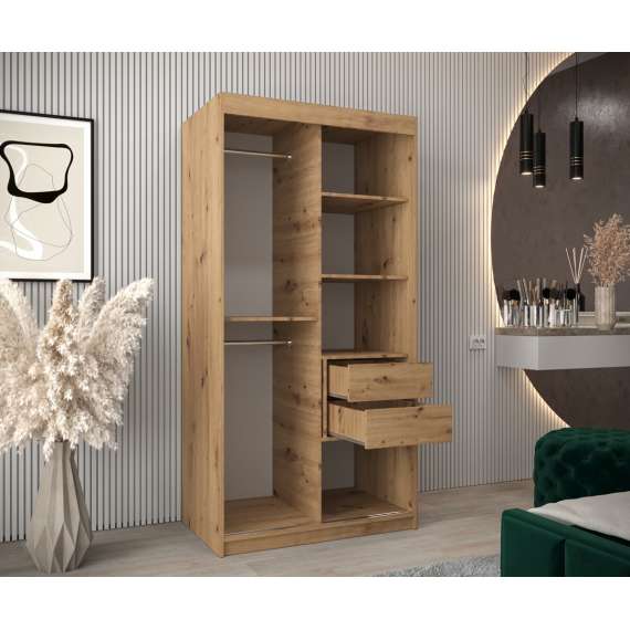 Garderobeskap PROMO T3 100x200 cm - eik artisan - skyvedører - speil