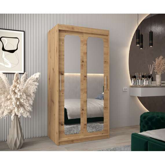 Garderobeskap PROMO T3 100x200 cm - eik artisan - skyvedører - speil