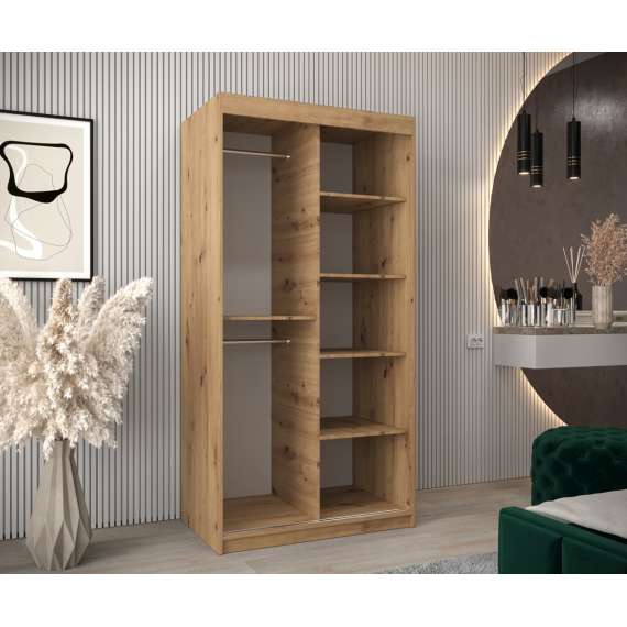 Garderobeskap PROMO T3 100x200 cm - eik artisan - skyvedører - speil