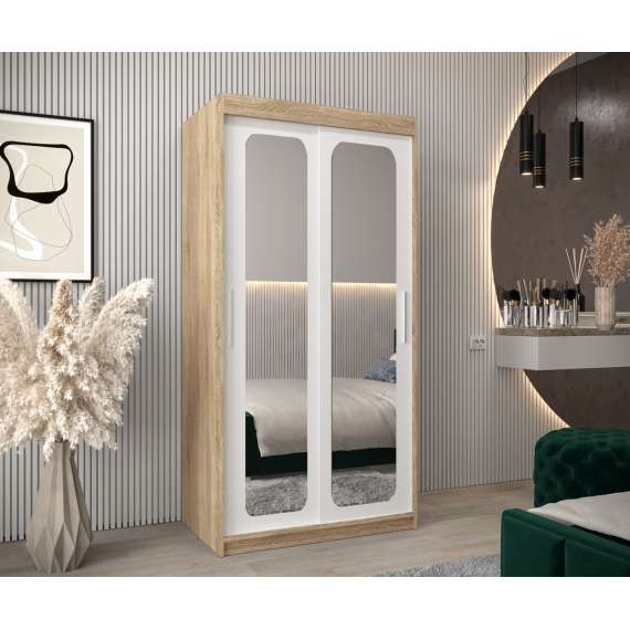 Garderobeskap PROMO T3 100x200 cm - eik sonoma - skyvedører - speil