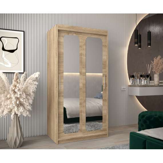 Garderobeskap PROMO T3 100x200 cm - eik sonoma - skyvedører - speil