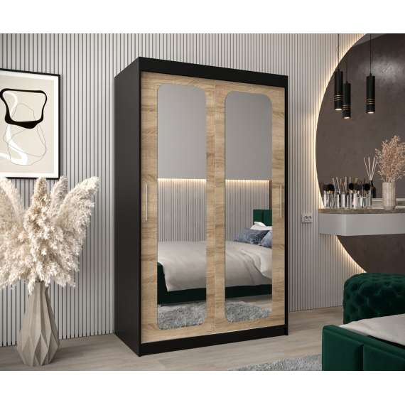 Garderobeskap PROMO T3 100x200 cm - svart matt - skyvedører - speil