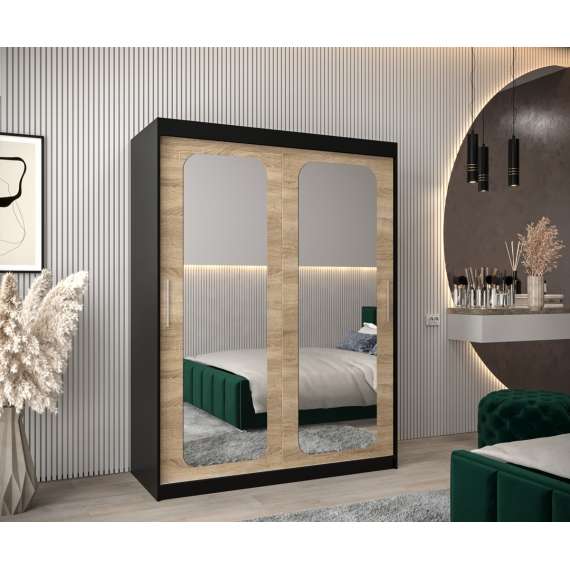 Garderobeskap PROMO T3 150x200 cm - svart matt - skyvedører - speil