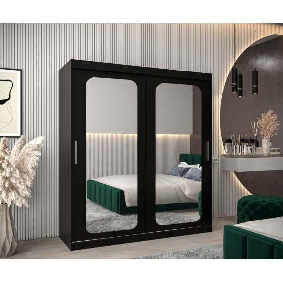 Garderobeskap PROMO T3 180x200 cm - svart matt - skyvedører - speil
