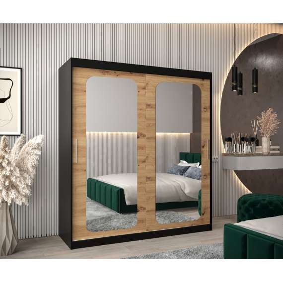 Garderobeskap PROMO T3 180x200 cm - svart matt - skyvedører - speil